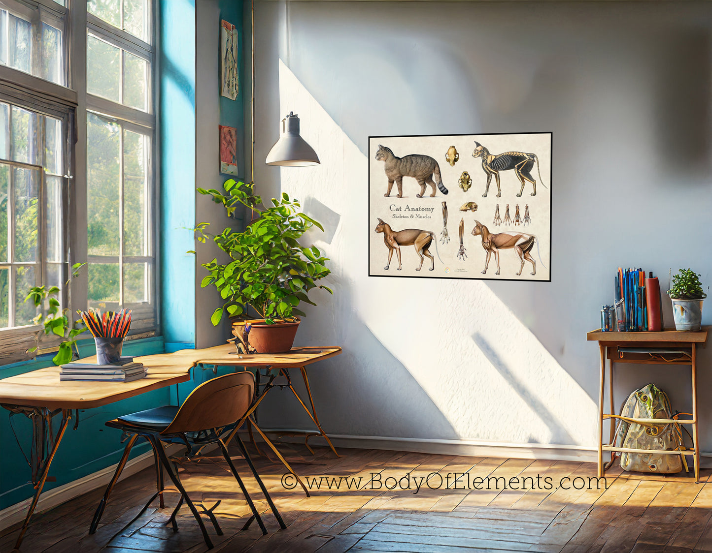 Veterinary clinic cat anatomy artwork.