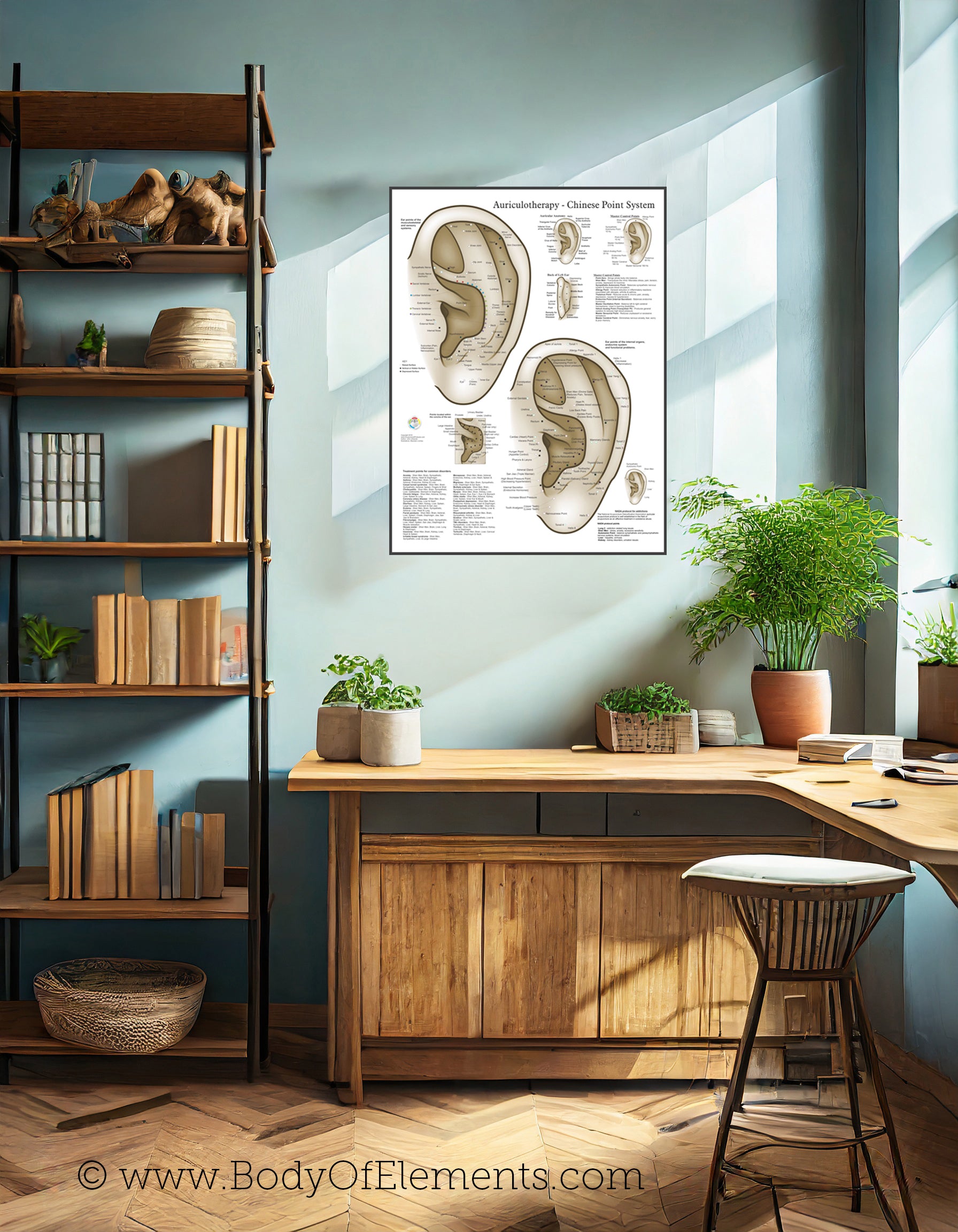 Chinese Winged Ear Chinese System of Auricular Ear Acupuncture Poster – Body of Elements