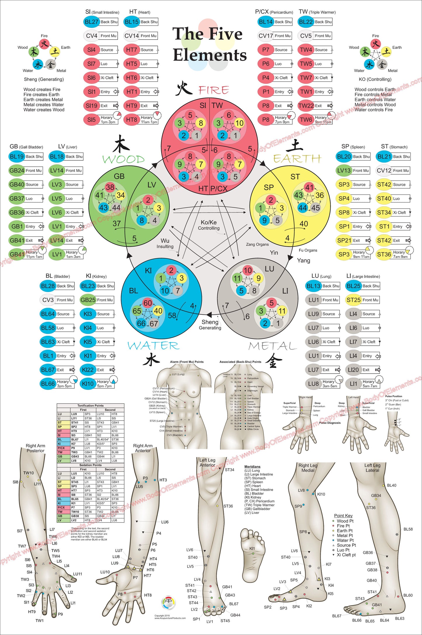 Large five elements acupuncture points poster